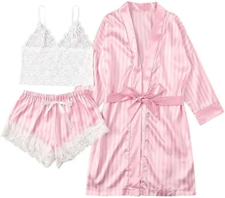 SheIn Women’s Sheer Lace Bralette and Stripped Shorts Pajama Lingerie Set with Robe